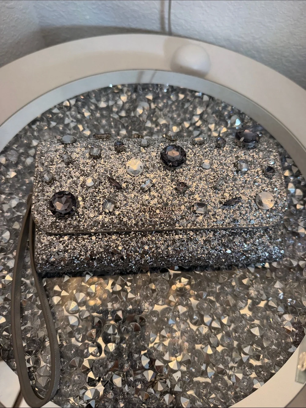 kate spade Silver Glitter Jeweled Wristlet Clutch